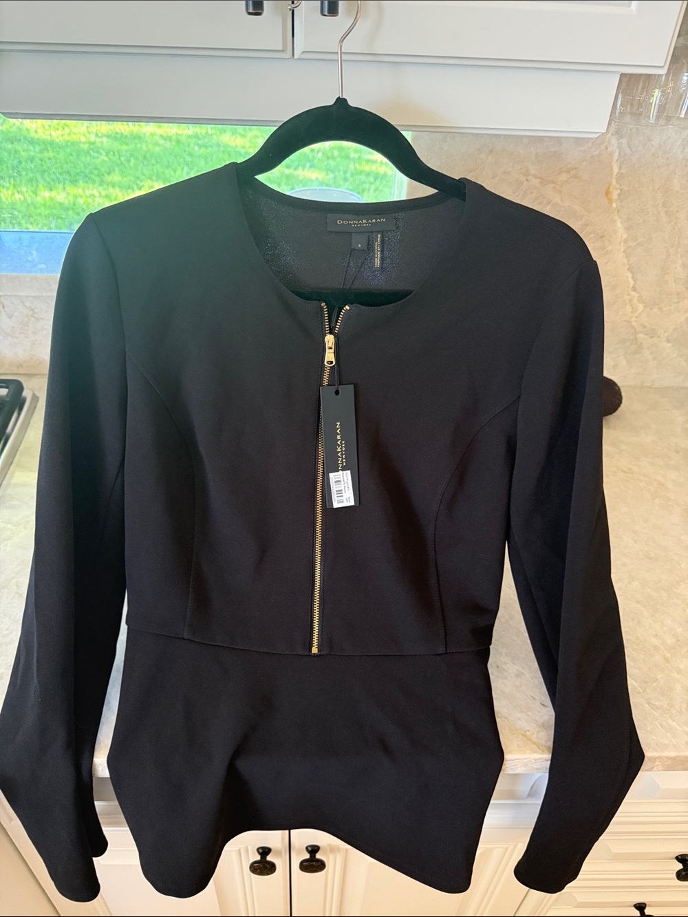 Donna Karan Black Long-Sleeve Peplum Dress with Gold Zip